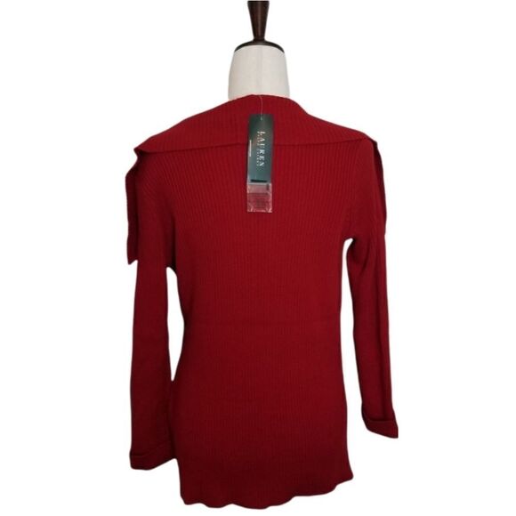 Lauren Ralph Lauren Red 100% Cotton Ribbed Buckle Shawl Collar Cardigan Size S - Picture 3 of 8